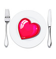 red heart on white plate metal knife and fork vector image