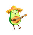 cartoon avocado mariachi character with guitar vector image vector image