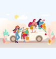 group of girls with bags after shopping in a car vector image