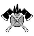 crossed lumberjack axes with wood cut design vector image vector image