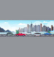 santa claus driving car with fir tree merry vector image