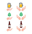 love beer bottle and glass hops with hands icons vector image vector image