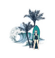 hand drawn background with girl surfer vector image